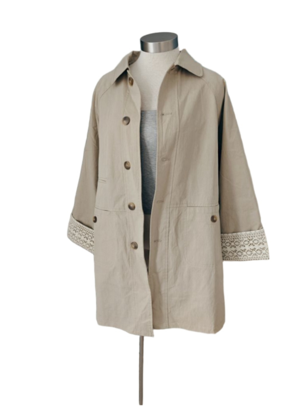 Women's NWT Beige Trench Coat with Lace Cuffs